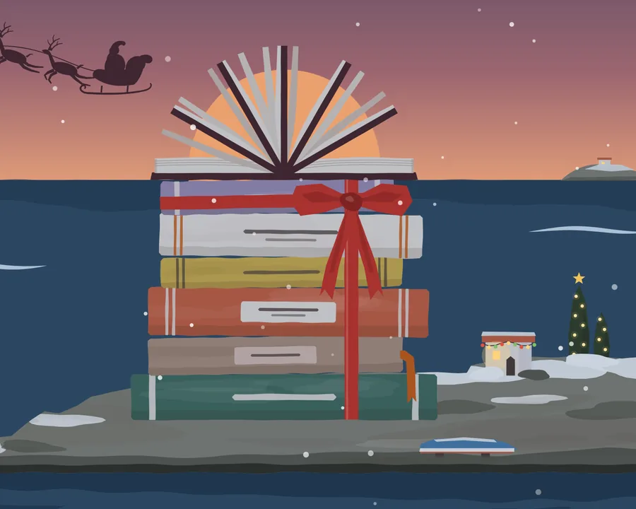 A stack of books tied with a red ribbon on a small snowy island at dusk