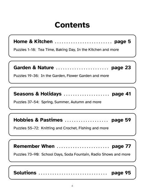 The contents page with five chapters, from Home and Kitchen to Remember When, and the solutions.