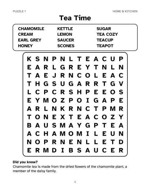 A puzzle page called Tea Time: twelve words in a box at the top, a large-print letter grid and a fun fact at the bottom.