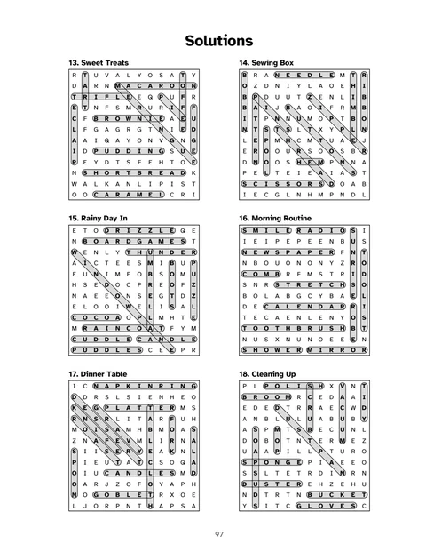 A solutions page with six solved grids, every word marked.