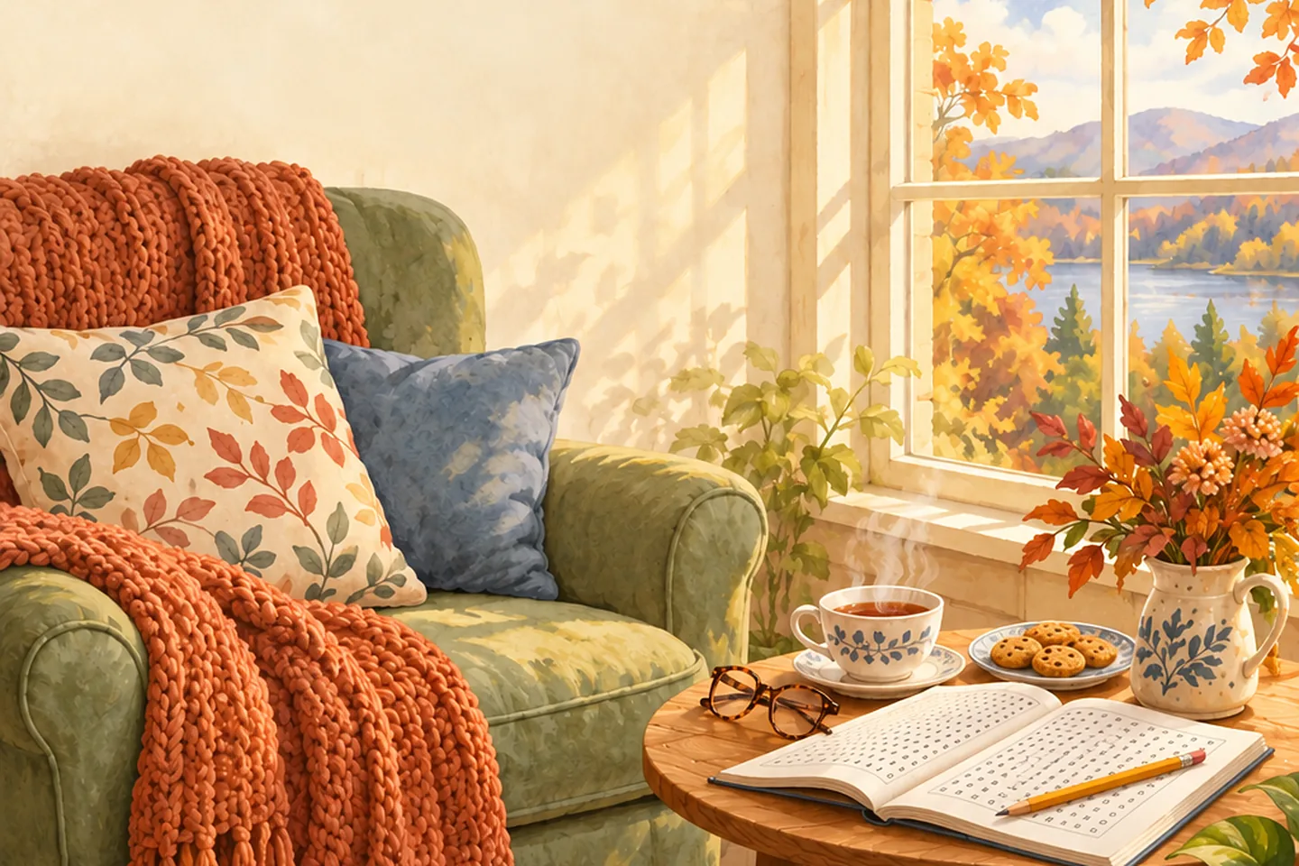 A cozy living room in autumn: a green armchair with an orange knitted blanket, a cup of tea, cookies and an open puzzle book on a little round table.